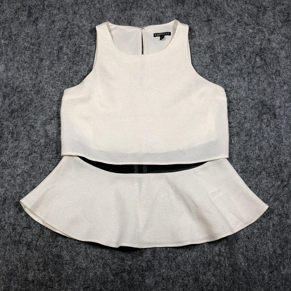 Express Tank Top Womens PS White Peplum Cropped Zip Back Sparkle Party Blouse